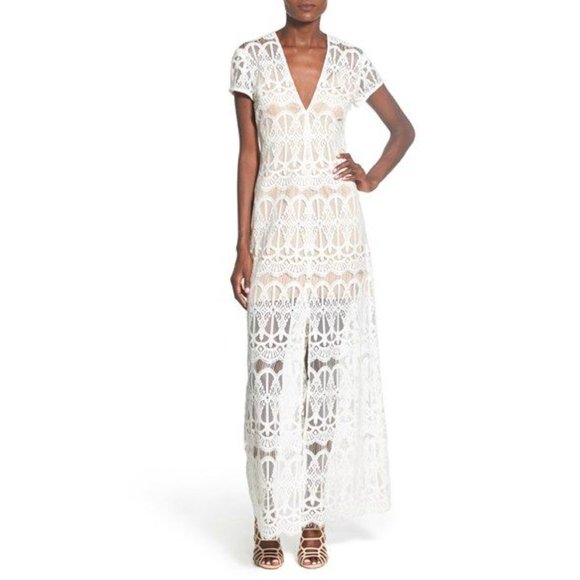 Wayf Dresses & Skirts - WAYF V-Neck Lace Maxi Dress Nude Slip Raw Hem Maxi